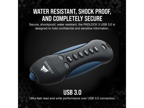 Corsair Padlock, 256 GB, USB A-tyyppi, 3.0, Muu, Musta, Sininen