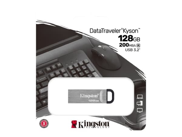 Kingston Technology DataTraveler Kyson, 128 GB, USB A-tyyppi, 3.2 Gen 1 (3.1 Gen 1), 200 MB/s, Ilman suojusta, Hopea