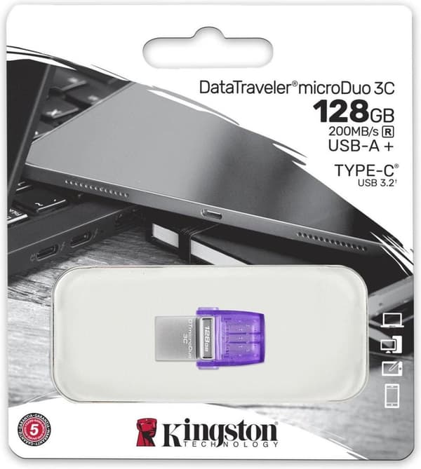 Kingston Technology DataTraveler microDuo 3C USB-flashdrev 64 GB USB Type-A / USB Type-C 3.2 Gen 1 (3.1 Gen 1) Lilla, Rustfrit stål