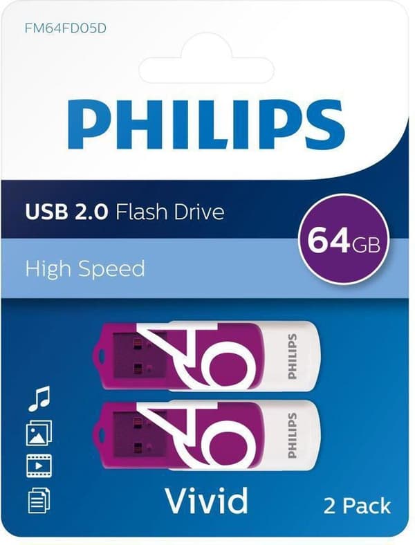 Philips FM64FD05B Vivid Edition 2.0 - USB-flashdrev - 64 GB - USB 2.0 (pakke med 2) Lilla, Hvid