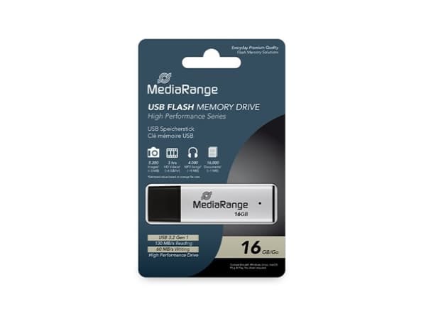 MediaRange MR1899, 16 GB, USB Type-A, 3.2 Gen 1 (3.1 Gen 1), 130 MB/s, Keps, Svart, Silver