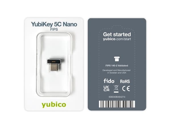 Yubico YubiKey 5C Nano FIPS, Windows, macOS, Chrome OS, Linux, Musta, 2048-bit RSA,FIPS 140-2, Google account,Microsoft account,Salesforce.com, CCID