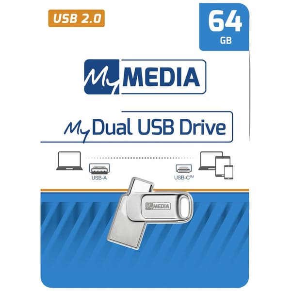 MyMEDIA My Dual USB 2.0 /USB C Drive USB-minne 64 GB Silver 69267 USB 2.0, USB-C®