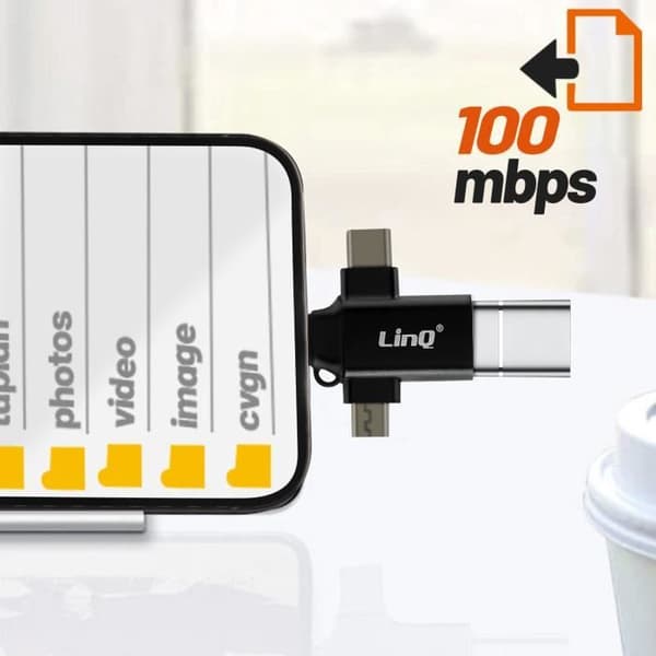 3-i-1 OTG-adapter USB-C, Micro-USB, Lightning till USB 3.0 Compact LinQ Black