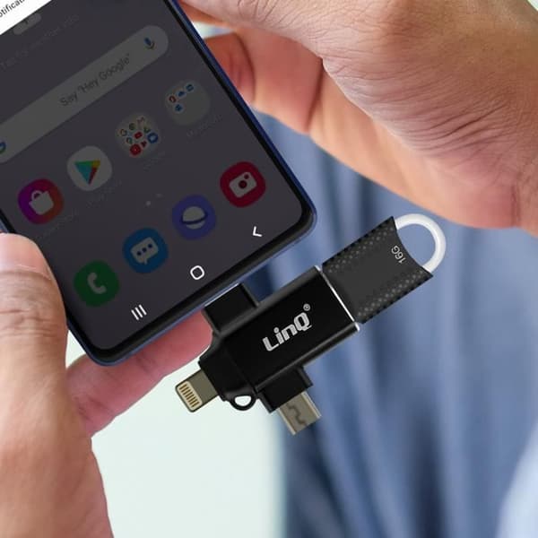 3-i-1 OTG-adapter USB-C, Micro-USB, Lightning till USB 3.0 Compact LinQ Black