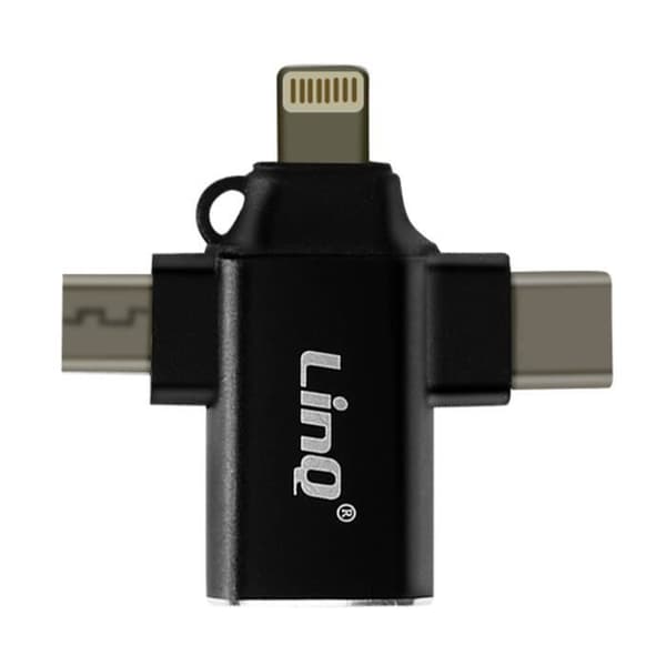 3-i-1 OTG-adapter USB-C, Micro-USB, Lightning till USB 3.0 Compact LinQ Black