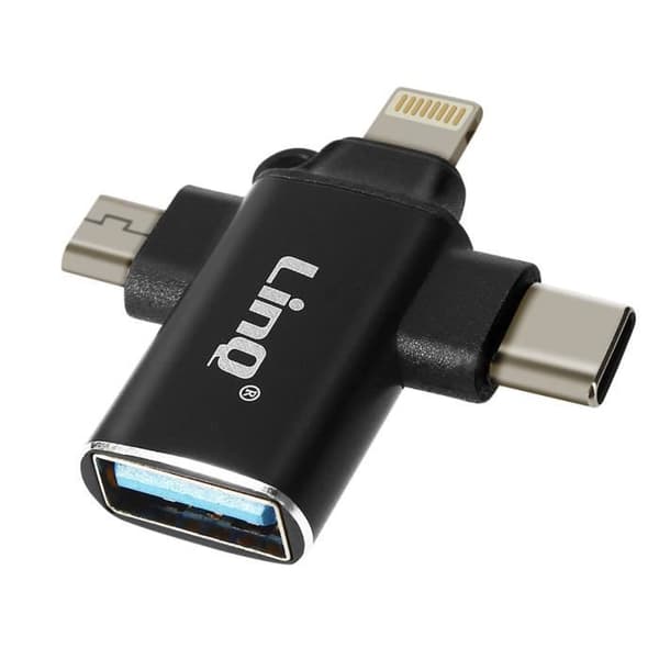 3-i-1 OTG-adapter USB-C, Micro-USB, Lightning till USB 3.0 Compact LinQ Black