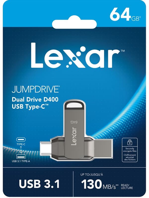 Lexar | 2-in-1 Flash Drive up to 130MB/s read | JumpDrive Dual Drive D400 | 64 GB | Type-C and Type-A USB 3.1 | Grey