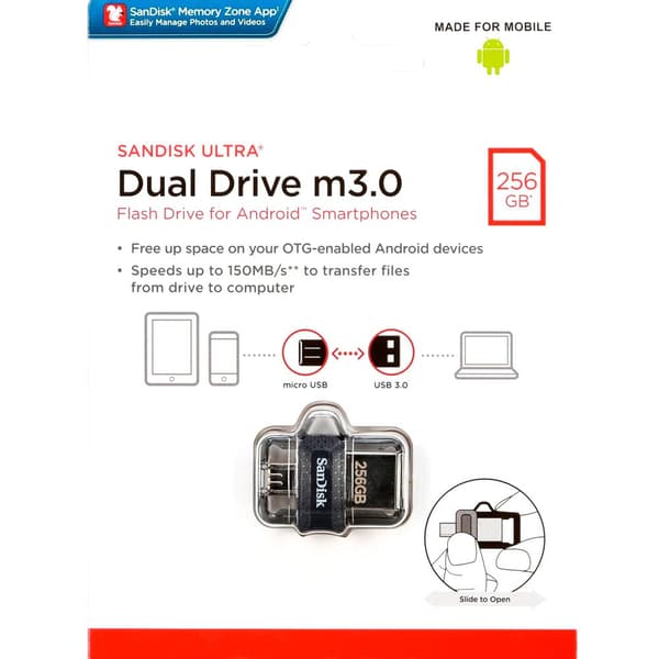Sandisk Pendrive Ultra Dual M 3.0 256gb Musta musta, Hopea, Läpinäkyvä