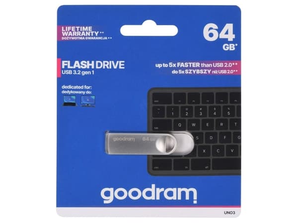 Goodram USB UNO3-0640S0R11, 64 GB, USB Type-A, 3.2 Gen 1 (3.1 Gen 1), 60 MB/s, Utan skyddshatt, Silver