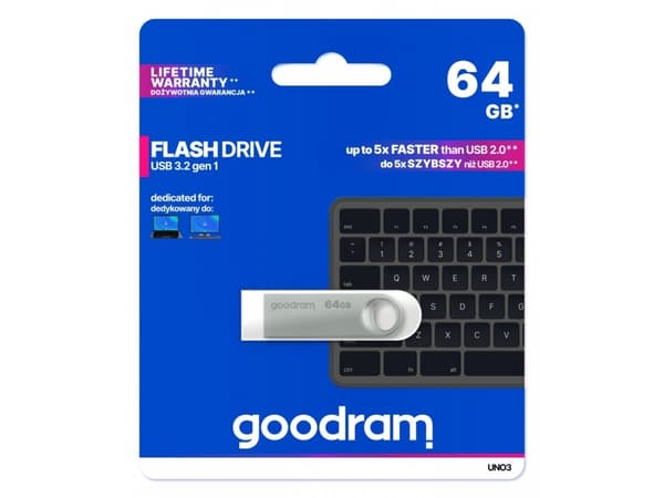 Goodram USB UNO3-0640S0R11, 64 GB, USB Type-A, 3.2 Gen 1 (3.1 Gen 1), 60 MB/s, Utan skyddshatt, Silver Sølv