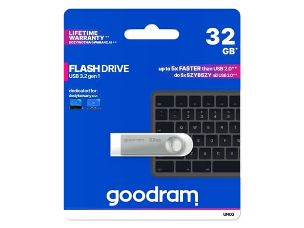 Goodram USB UNO3-0320S0R11, 32 GB, USB Type-A, 3.2 Gen 1 (3.1 Gen 1), 60 MB/s, Utan skyddshatt, Silver
