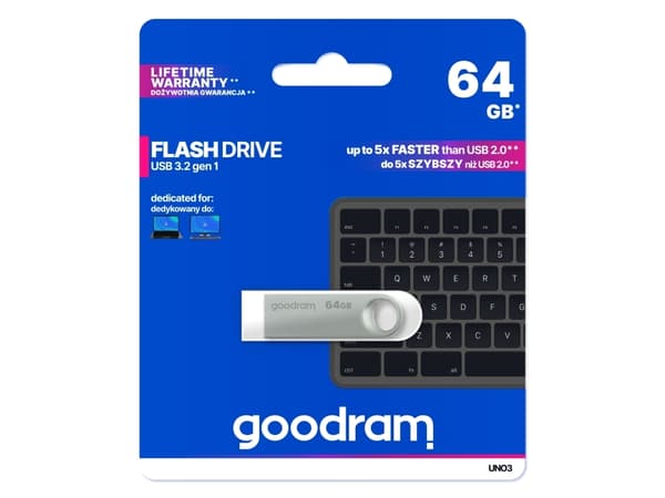 Goodram USB UNO3-0640S0R11, 64 GB, USB Type-A, 3.2 Gen 1 (3.1 Gen 1), 60 MB/s, Utan skyddshatt, Silver