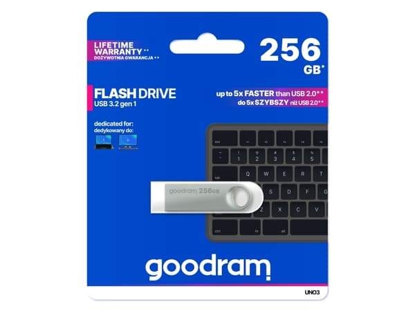 Goodram USB UNO3-2560S0R11, 256 GB, USB Type-A, 3.2 Gen 1 (3.1 Gen 1), 60 MB/s, Utan skyddshatt, Silver