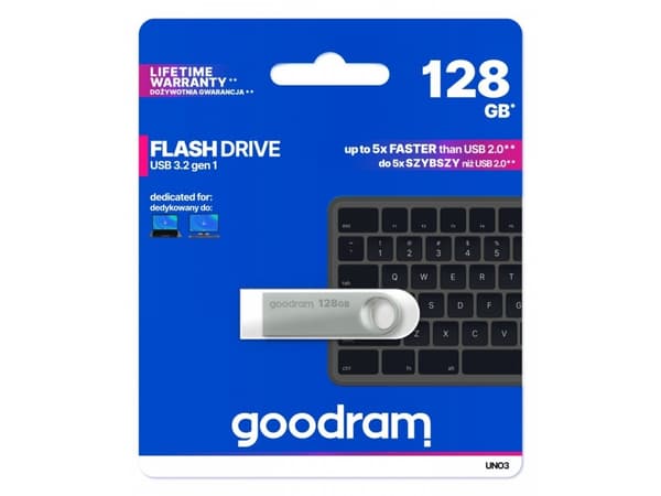 Goodram USB UNO3-1280S0R11, 128 GB, USB Type-A, 3.2 Gen 1 (3.1 Gen 1), 60 MB/s, Utan skyddshatt, Silver