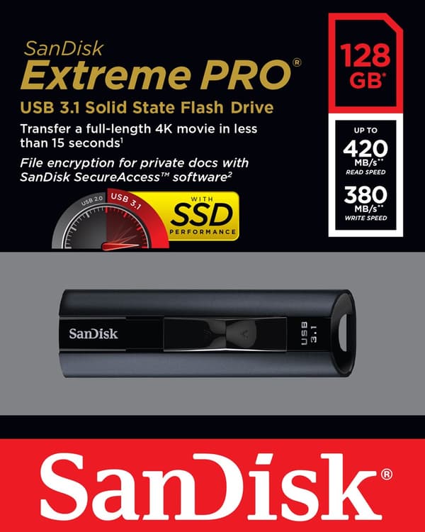 SanDisk Extreme Pro USB-minne 128 GB USB Type-A 3.2 Gen 1 (3.1 Gen 1) Svart