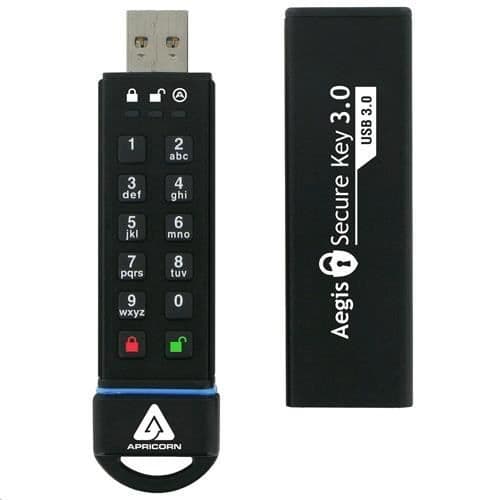 Aegis Secure Key USB-nyckel - Apricorn - 16GB - 256-bitars AES-XTS-kryptering - FIPS-validering Svart