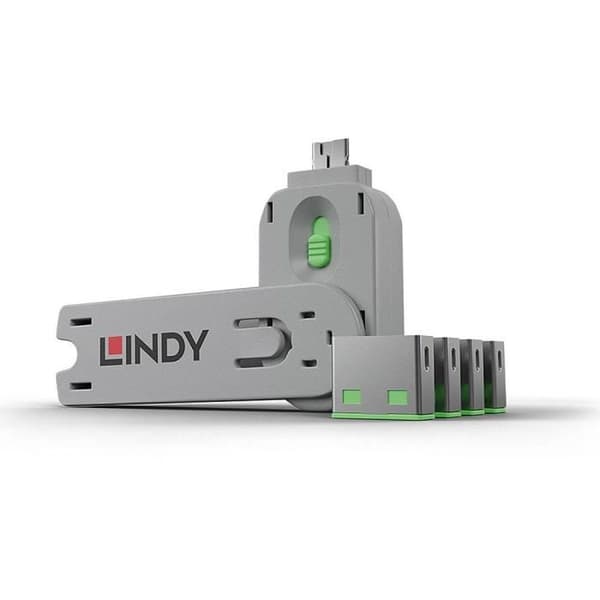 LINDY USB-nyckel - 4 USB-portblockerare - Grön - Kompatibel med Windows, Mac, Linux