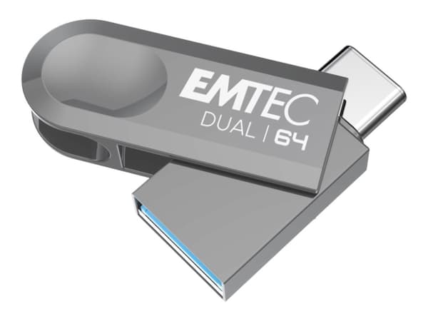 EMTEC Dual D280 - USB-flashstasjon - 64 GB - USB 3.2 Gen 1 / USB-C Sølv