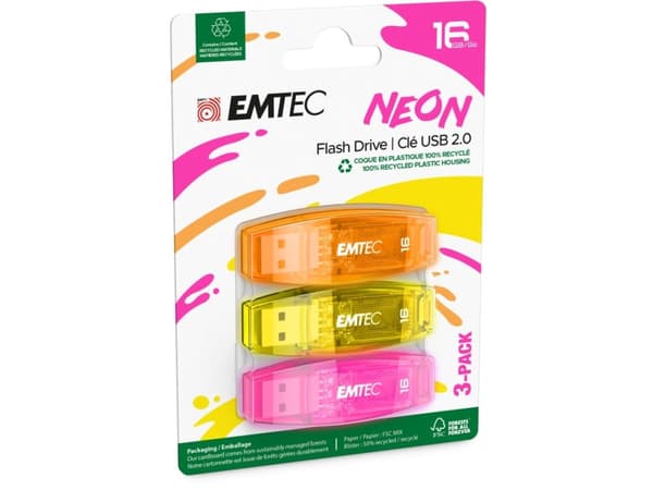 Emtec C410 Neon, 16 GB, USB Type-A, 2.0, Med lokk, Fiolblå, Oransje, Gult