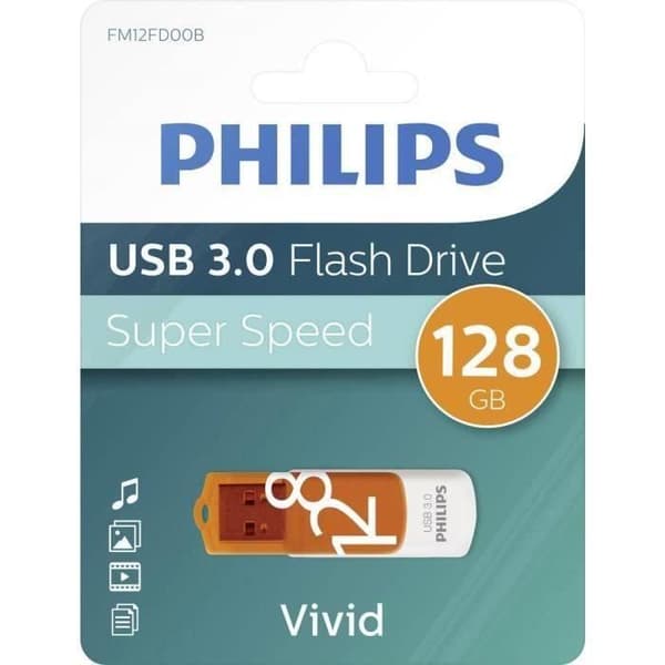USB-nyckel - PHILIPS - Vivid - 128 GB - USB 3.0 - Läshastighet 100 MB/s Orange, Vit