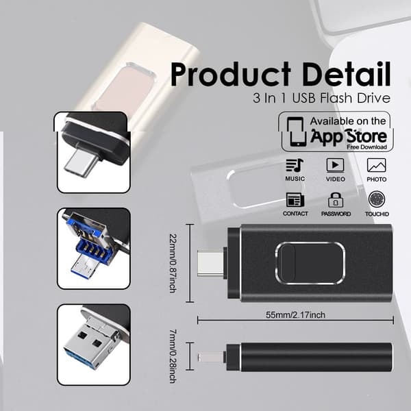 Flerfunktionellt 64GB USB-minne med anslutning för iPhone, Samsung, Android och USB-enheter – Kryptering & OTG-stöd