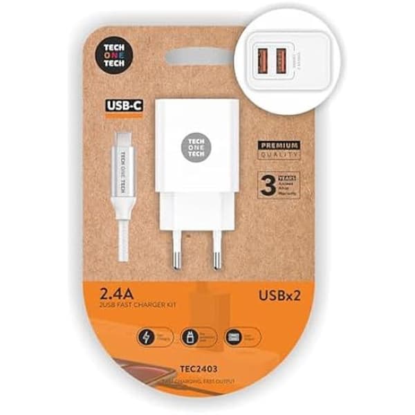 TECH ONE TECH Dubbelladdare + Tech One Tech USB-C-kabel, vit