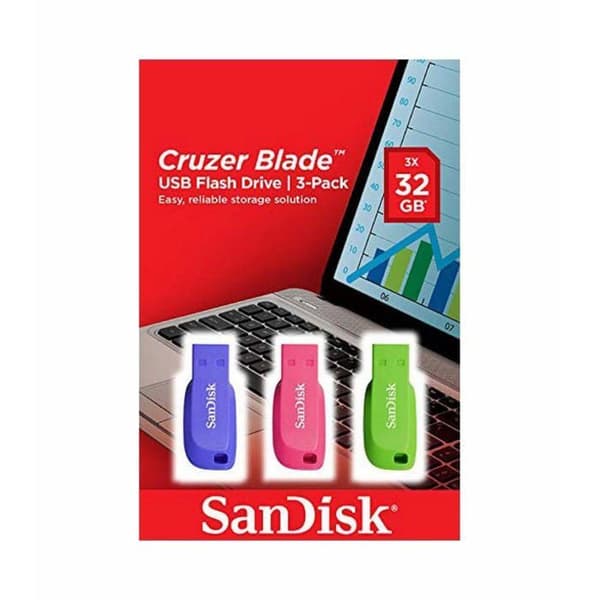 Paket med 3 Cruzer Blade USB-nycklar - SANDISK - 32 GB - USB 2.0 - Blå, grön och rosa