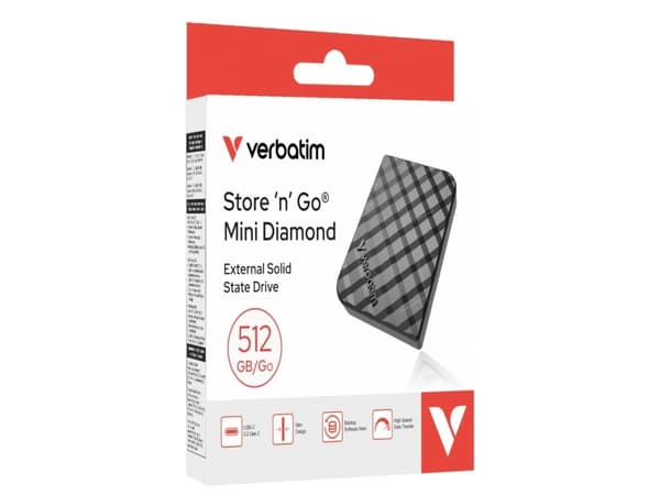 Verbatim Store ''n'' Go Mini Diamond USB-C 512GB Black, 512 GB, M.2, USB Type-C, 3.2 Gen 2 (3.1 Gen 2), 1000 MB/s, Black