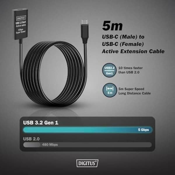 USB-förlängningskabel - DIGITUS - USB-C hon till USB-C hane - 5 m - 5 Gbit/s - Plug & Play