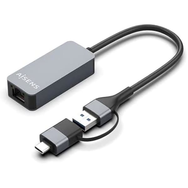AISENS - A109-0710 - USB3.2 Gen1 USB-A+USB-C till 2,5G Ethernet-omvandlare 10/100/1000/2500 Mbps, Grå, 15 cm Grå