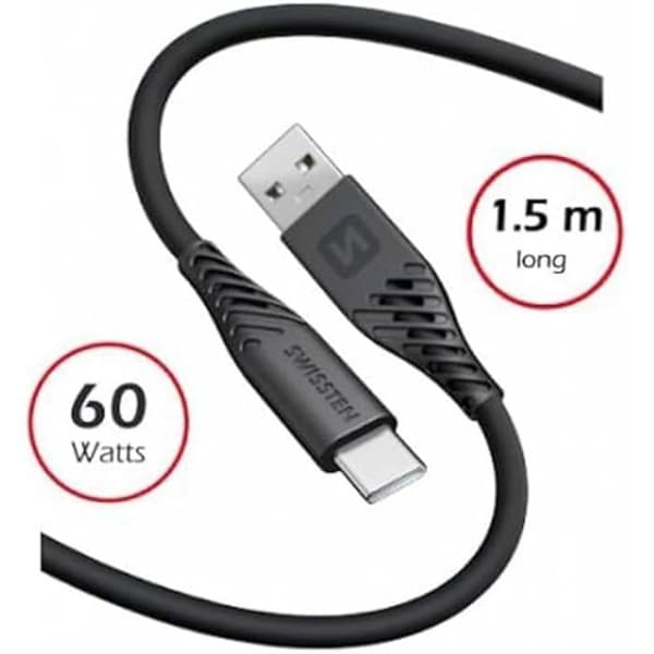 USB/USB-C-kabel - SWISSTEN - Modell i mjukt silikon - 1,5 m - Snabbladdning 60 W - 3 A