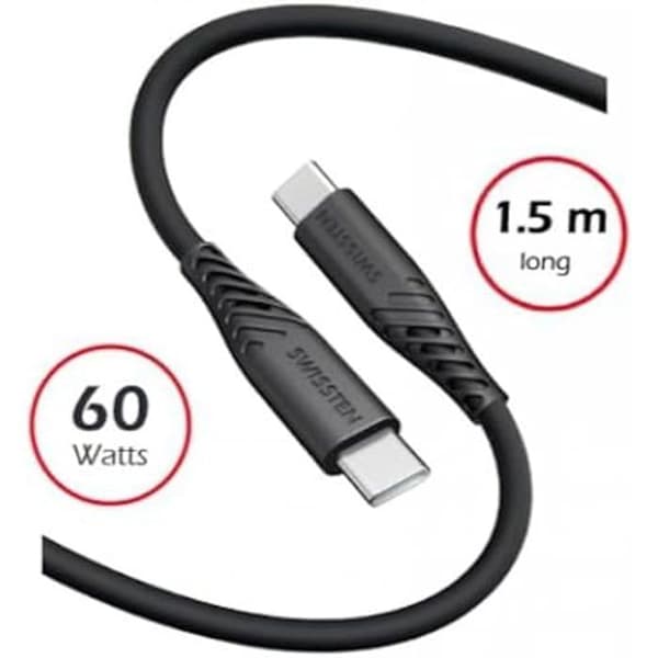 USB-C-kabel - SWISSTEN - Modell i mjukt silikon - 1,5 m - Snabbladdning 60W - 3A