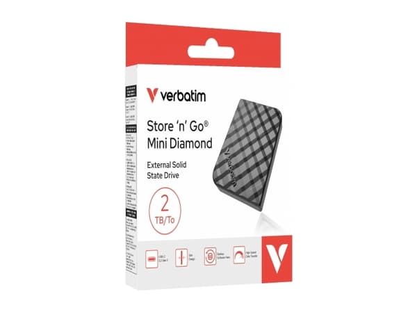 Verbatim Store ''n'' Go Mini Diamond USB-C 2TB Black, 2 TB, USB Type-C, 3.2 Gen 2 (3.1 Gen 2), 1000 MB/s, Black