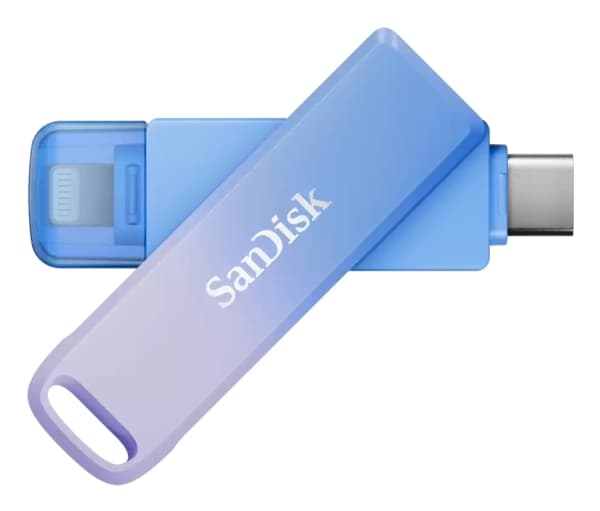 SanDisk Creator Phone Drive, 256 GB, USB Type-C / Lightning, 3.2 Gen 1 (3.1 Gen 1), 90 MB/s, Uten lokk, Blå, Lilac Blå, Lilac