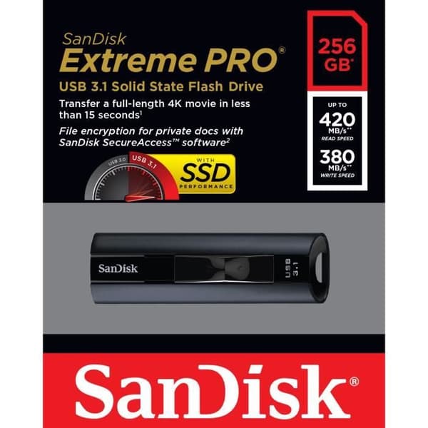USB-nyckel - SANDISK - Extreme Pro - 256 GB - USB 3.1 - Läshastighet 420 MB/s - Slide - Svart