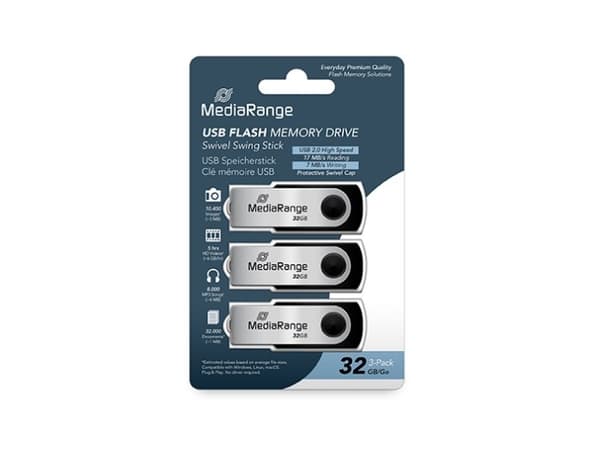 MediaRange MR911-3, 32 GB, USB Type-A, 2.0, 17 MB/s, Sväng, Svart, Silver
