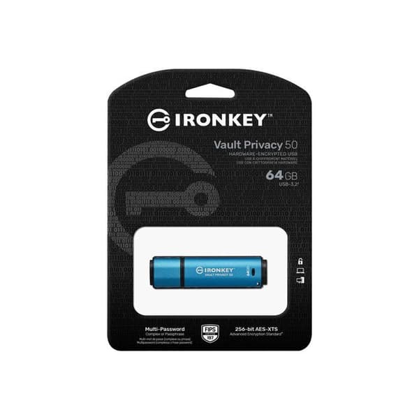 Kingston IronKey Vault Privacy 50-serien USB-minne - 64 GB - TAA-kompatibel Svart, Blå