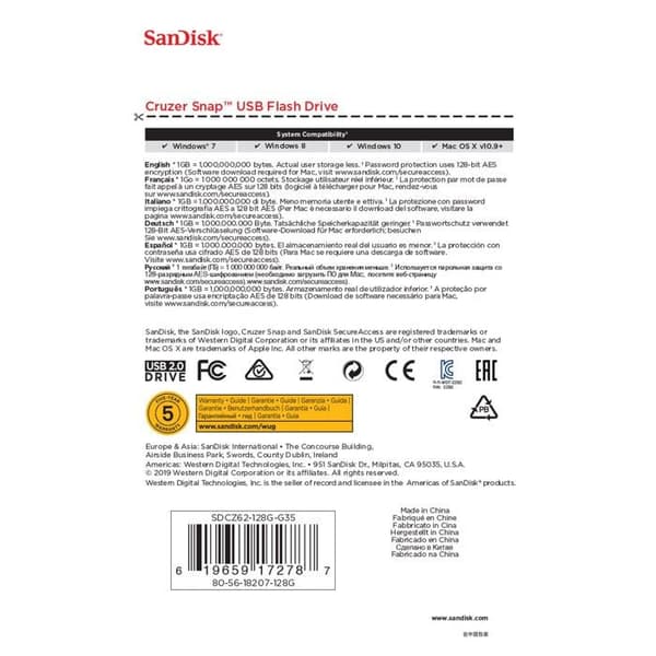 USB-nyckel - SANDISK - Cruzer Snap 128GB - USB 2.0 - Läshastighet 150 MB/s - Svart