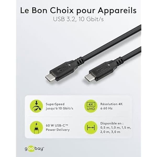 USB-C-kabel - GOOBAY - 3.2 - 60 W - 10 Gbit/s - Kompatibel med Thunderbolt 3 och 4
