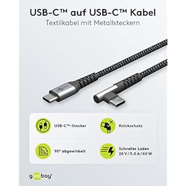 USB-C-kabel - GOOBAY - 64659 - Snabbladdare 60 W - 90 ° vinkel - 1 meter svart