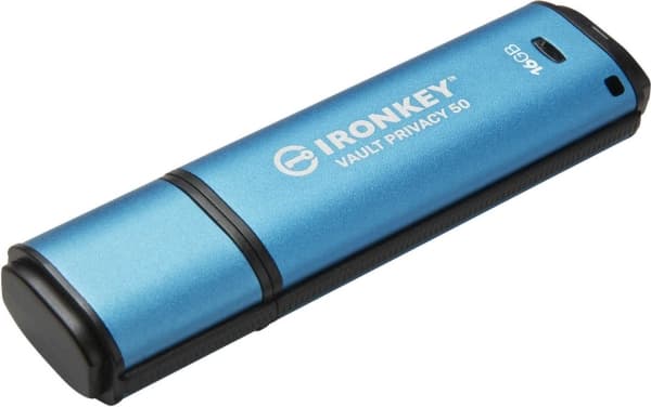 Kingston Technology IronKey Vault Privacy 50, 16 GB, USB A-tyyppi, 3.2 Gen 1 (3.1 Gen 1), 250 MB/s, Suojus, Sininen musta, Sininen