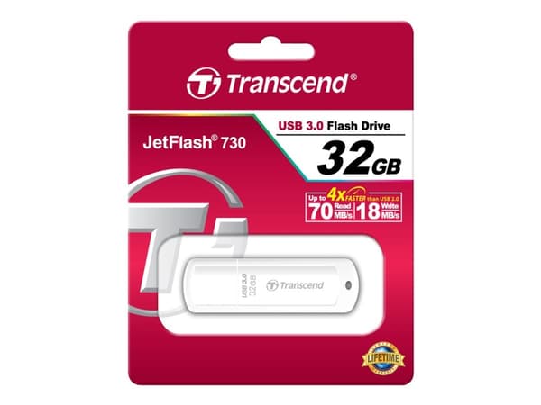 Transcend JetFlash elite 730 32GB USB 3.0, 32 GB, USB A-tyyppi, 3.2 Gen 1 (3.1 Gen 1), Suojus, 8,5 g, Valkoinen