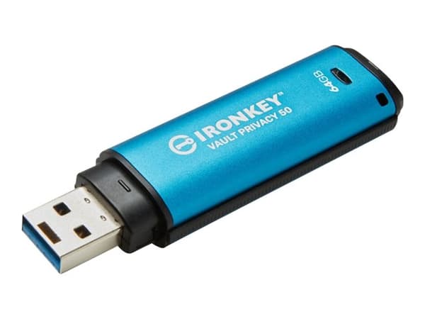 Kingston IronKey Vault Privacy 50 Series - USB flash-enhet - krypterat - 64 GB - USB 3.2 Gen 1 - TAA-kompatibel Svart, Blå