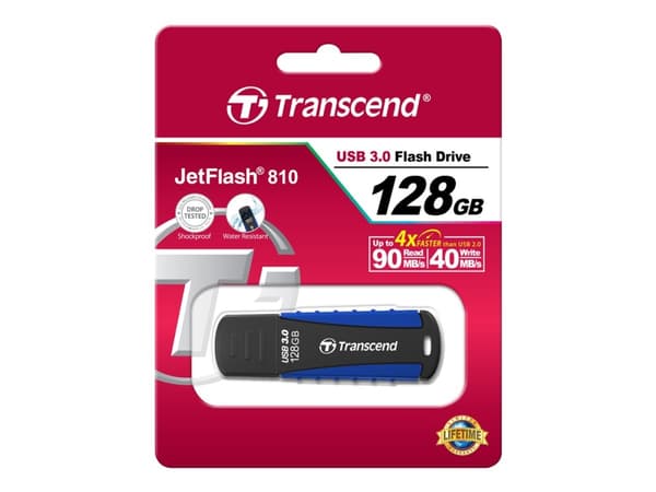 Transcend JetFlash 810, 128 GB, USB A-tyyppi, 3.2 Gen 1 (3.1 Gen 1), Suojus, 12,9 g, Musta, Sininen