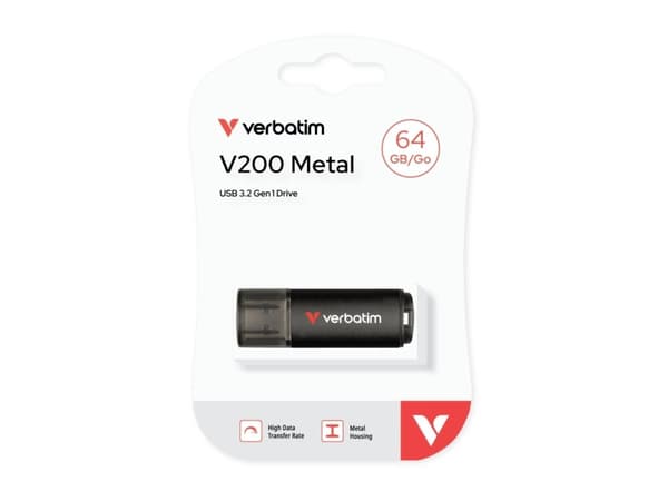 Verbatim V200 Metal USB Drive 64GB, 64 GB, USB Type-A, 3.2 Gen 1 (3.1 Gen 1), 200 MB/s, Cap, Black
