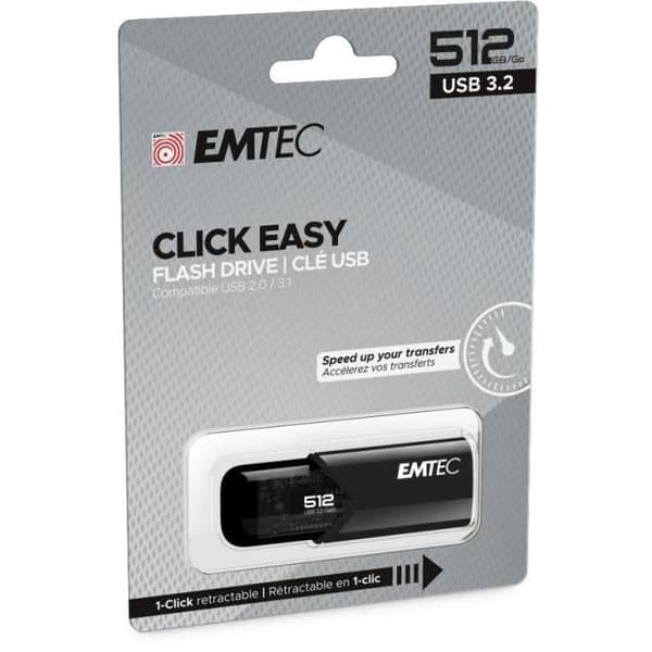 USB-minne - EMTEC - B110 CLICK EASY - 512 GB - USB Typ-A - Läshastighet 20 MB/s Svart