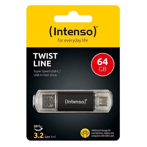 USB-nyckel - INTENSO - Twist Line - 64 GB - USB-A, USB-C™ - USB 3.1 Gen 1 - Grå