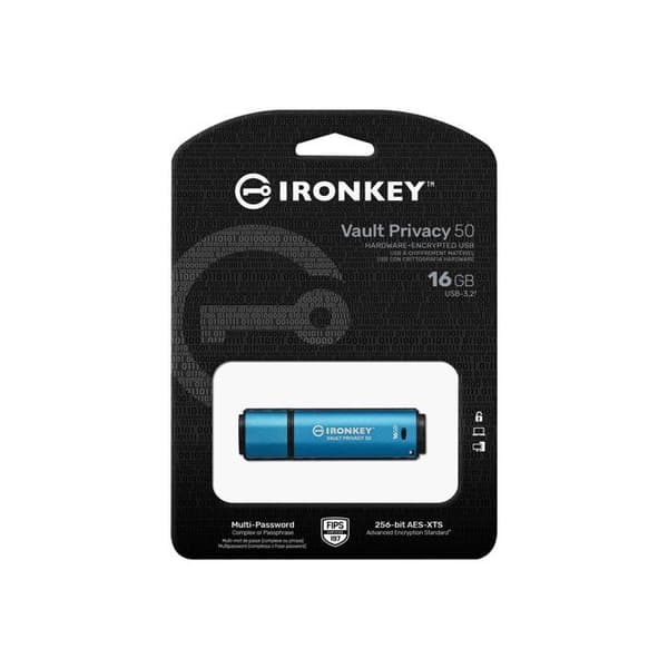USB-nyckel - Kingston - IronKey Vault Privacy 50 - 16GB - AES-256 Encrypted - FIPS 197 Svart, Blå