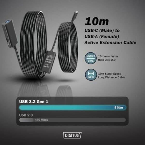 USB förlängningskabel - DIGITUS - USB-A hona till USB-C hane - 10 m - 5 Gbit/s - Plug & Play
